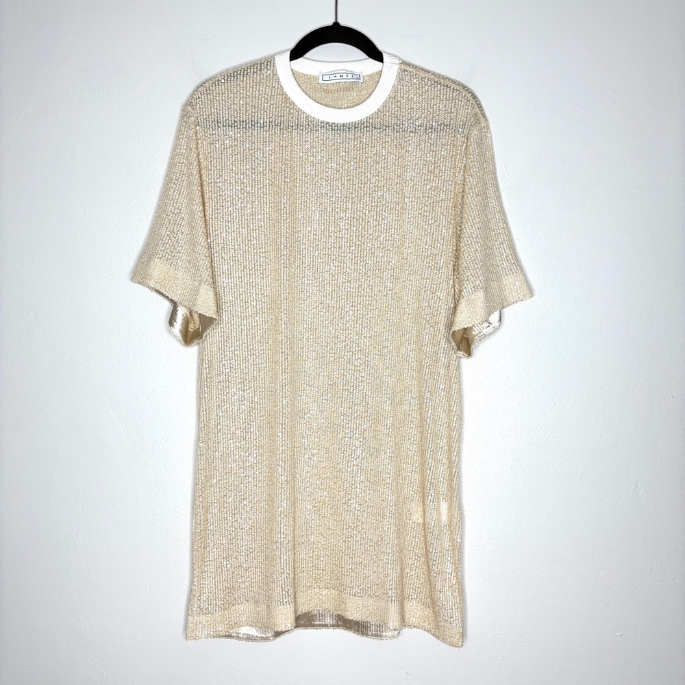 ITMFL Gold Sequin T-Shirt Mini Dress Stretchy Sheer Crew Neck In Gold Size XS